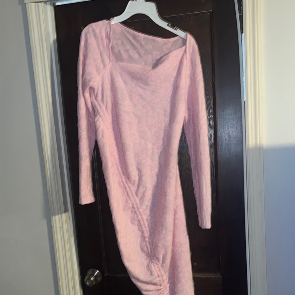 Pink Asymmetrical Neck Long Sleeve Bodycon Maxi Dress